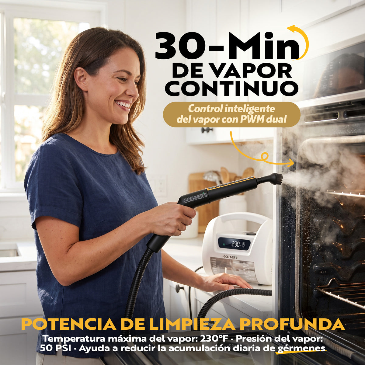 Limpiador de vapor portátil Goehner's en blanco perla con 30 minutos de vapor continuo para una limpieza profunda