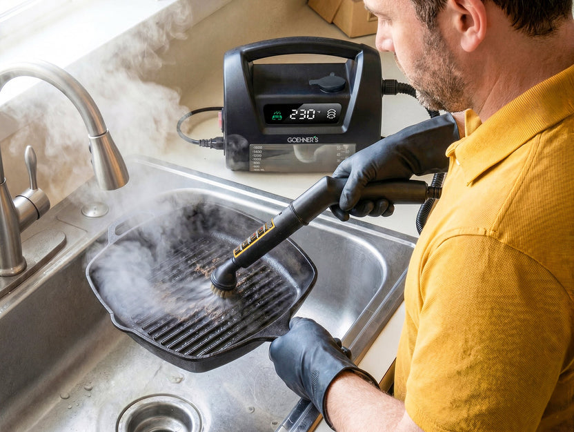 Steam-cleaning a cast-iron grill pan over the sink with the slate black Goehner’s