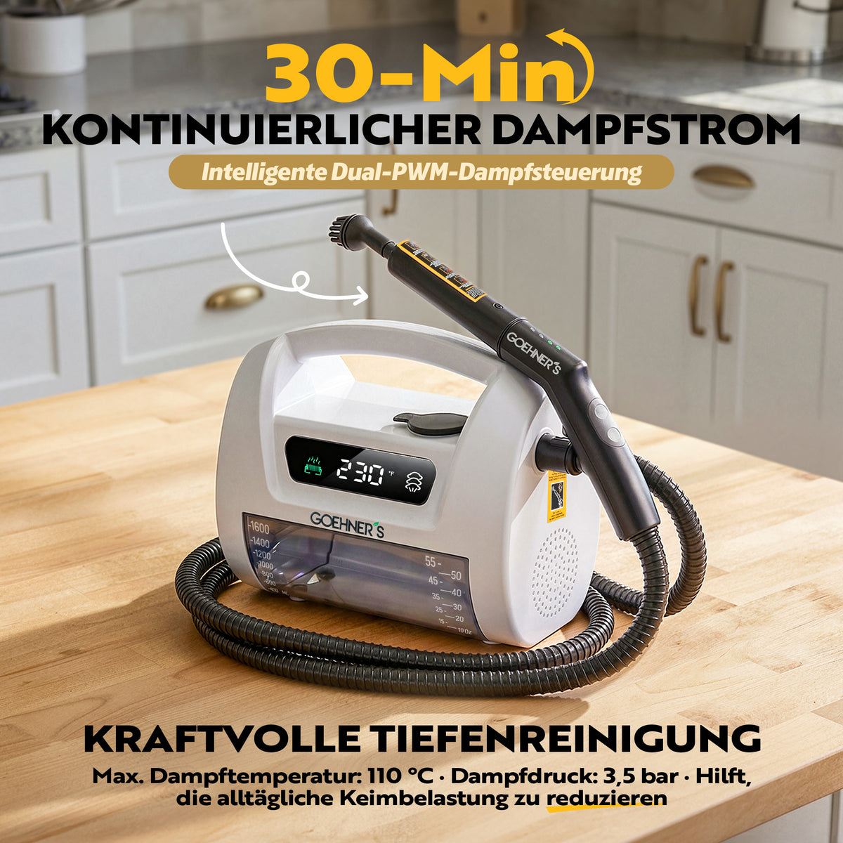 Goehner's Dampfreiniger in Perlweiß mit 30 Minuten Dauerdampf für die Tiefenreinigung