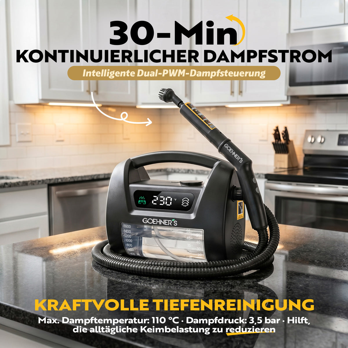 Goehner's Dampfreiniger in Schieferschwarz mit 30 Minuten Dauerdampf für die Tiefenreinigung