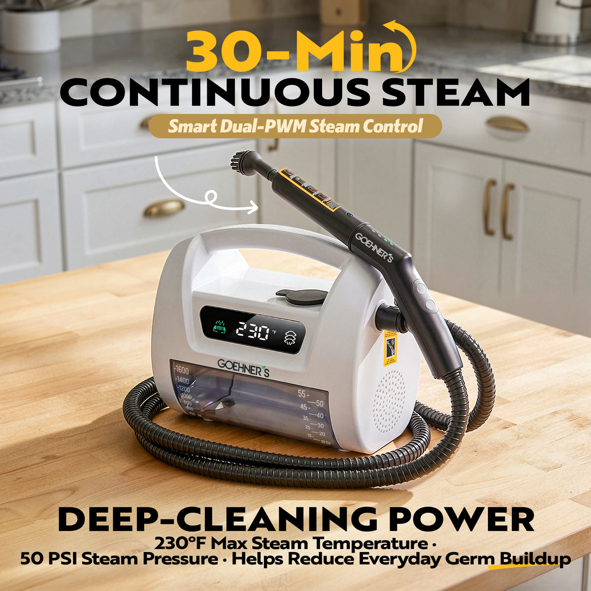 Goehner's handheld steam cleaner in pearl white, showing 30-minute continuous steam for deep cleaning