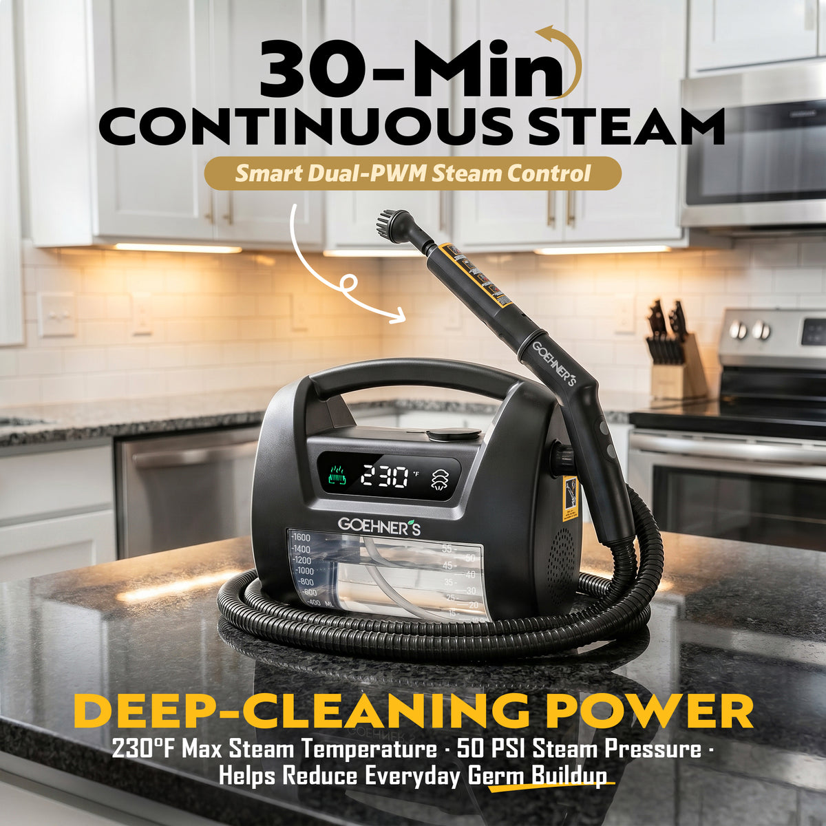 Goehner's handheld steam cleaner in slate black, showing 30-minute continuous steam for deep cleaning