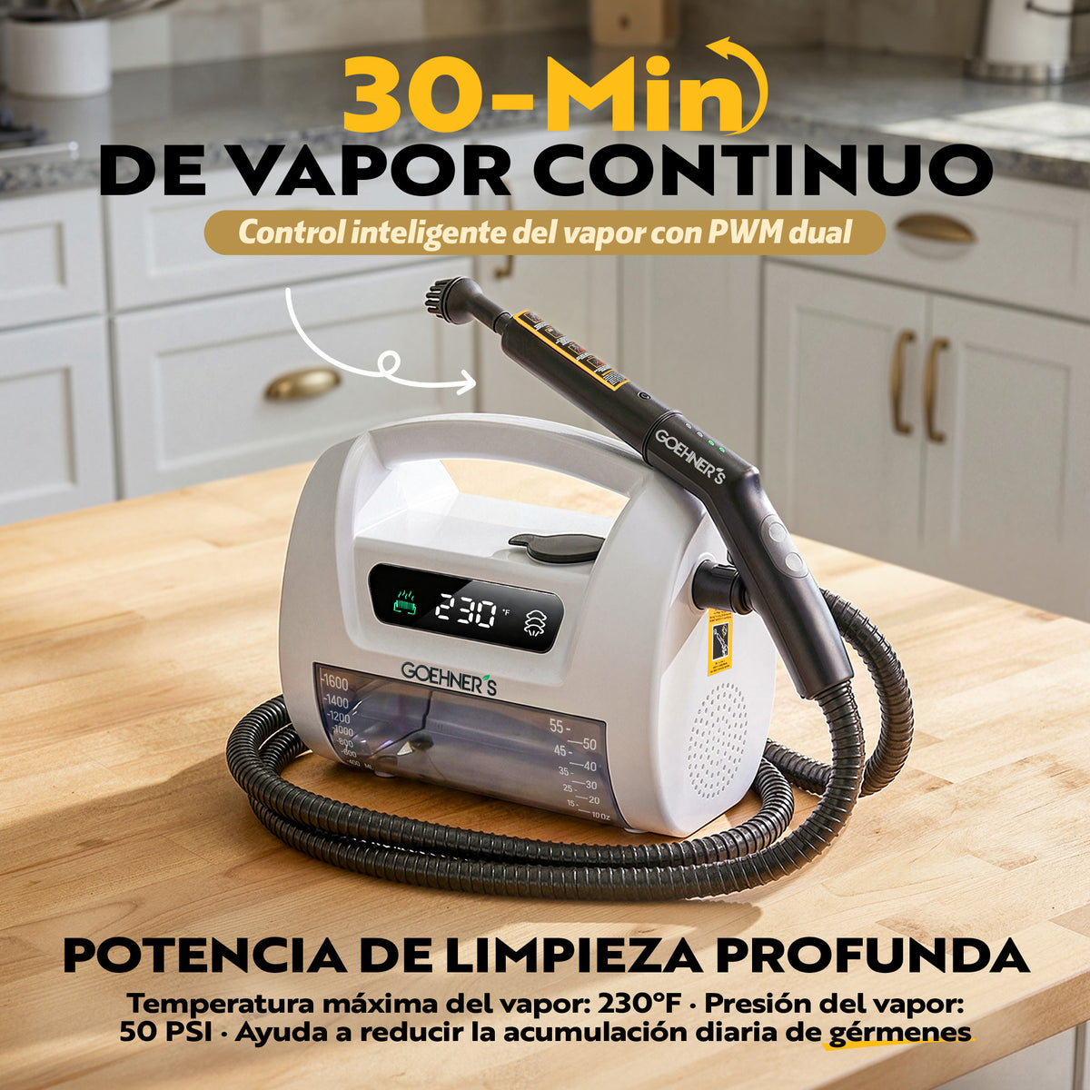 Limpiador a vapor portátil Goehner's en blanco perla, con 30 minutos de vapor continuo para limpieza profunda
