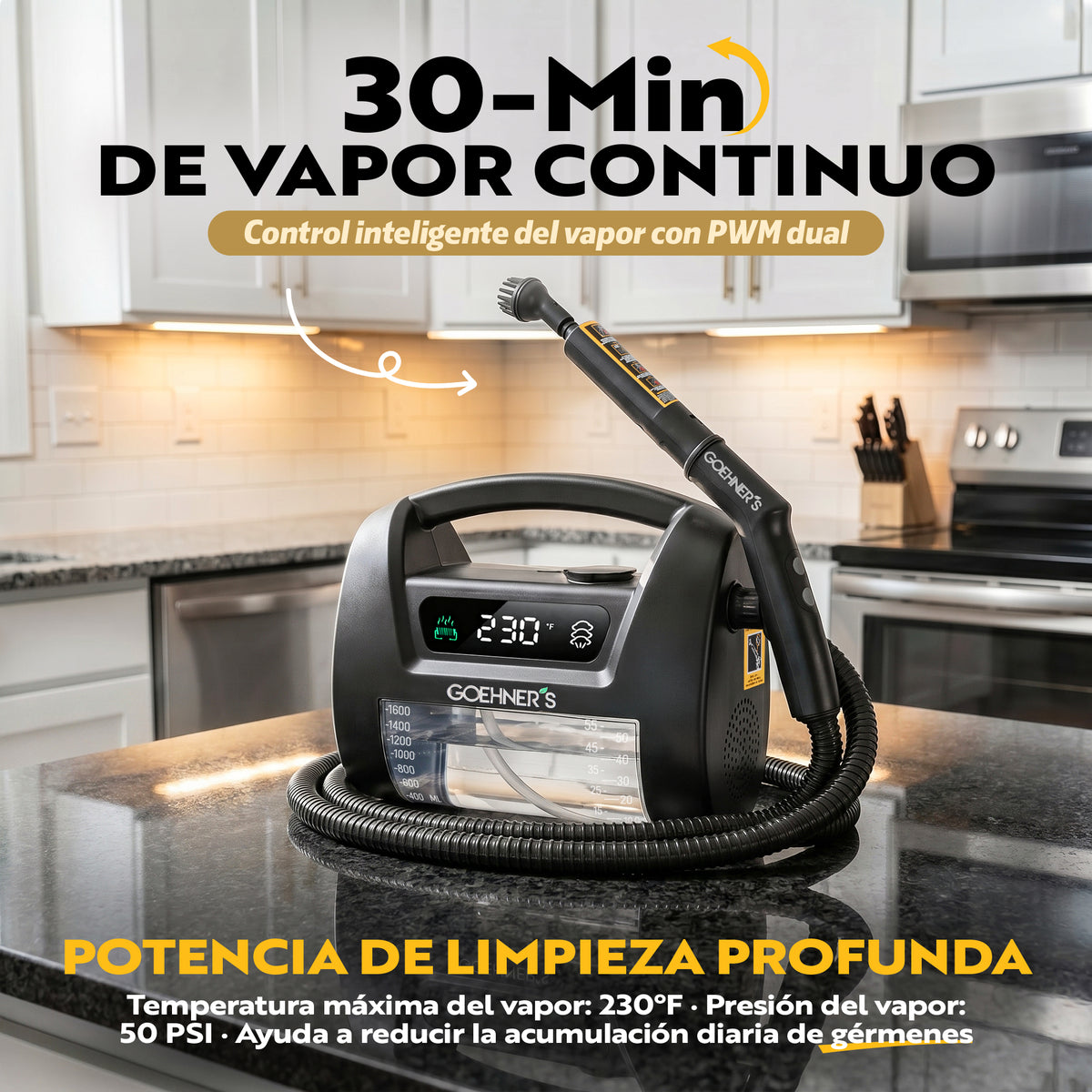 Limpiador a vapor portátil Goehner's en negro pizarra, con 30 minutos de vapor continuo para limpieza profunda