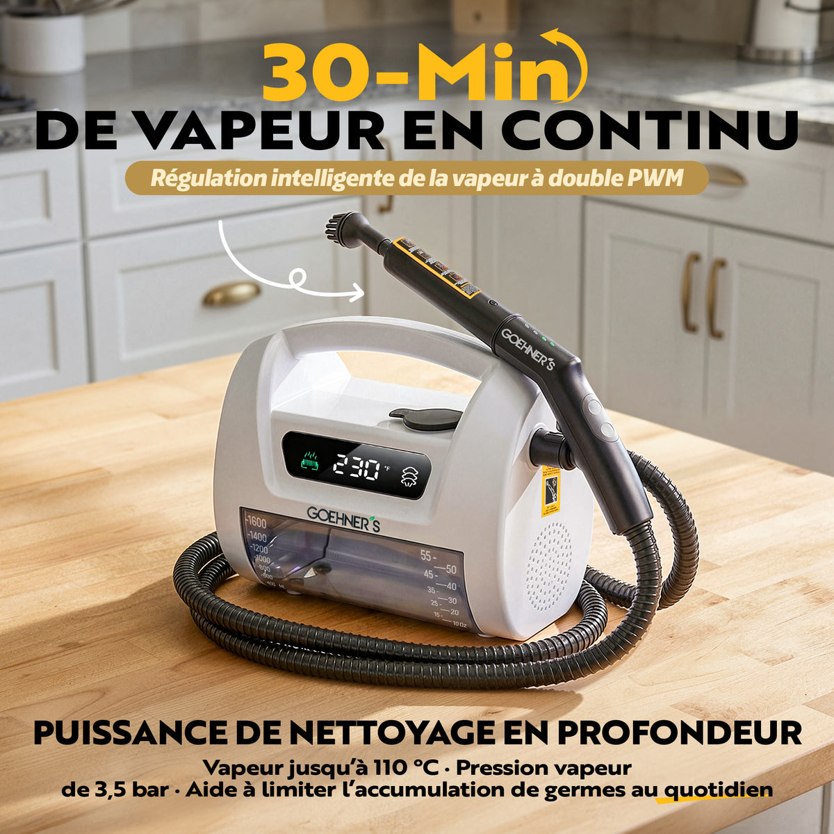 Nettoyeur vapeur portatif Goehner's blanc nacré, avec 30 minutes de vapeur continue pour un nettoyage en profondeur
