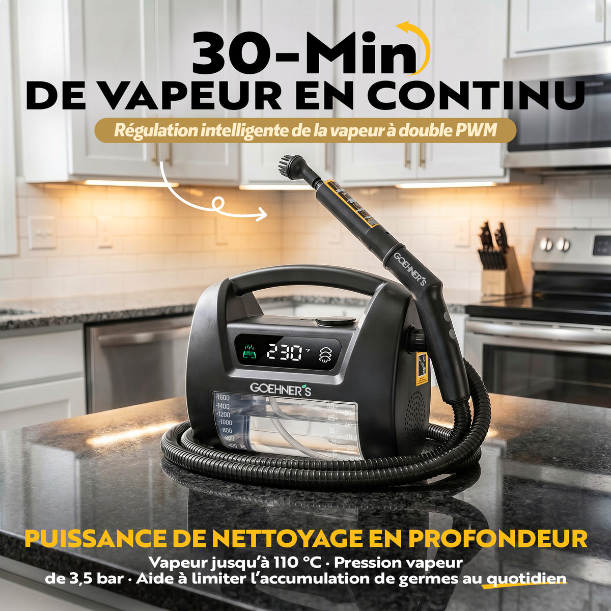 Nettoyeur vapeur portatif Goehner's noir ardoise, avec 30 minutes de vapeur continue pour un nettoyage en profondeur