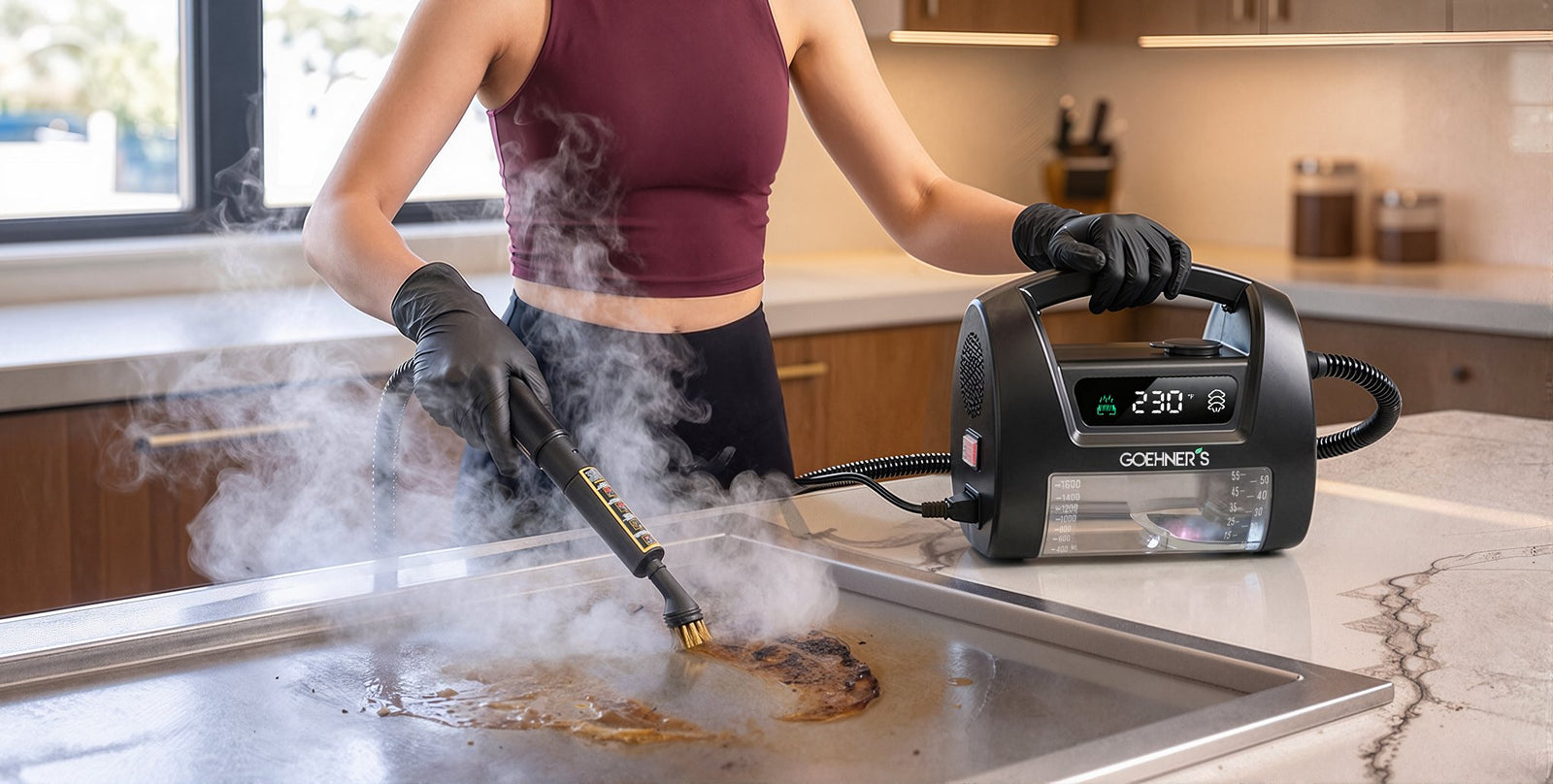 Steam cleaning kitchen griddle with Goehner’s V1 in slate black