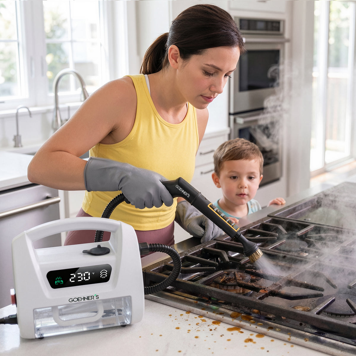 Limpiador de vapor de mano GOEHNER’S en un hogar real: vapor seco a 230°F sin químicos, seguro para la familia y las mascotas