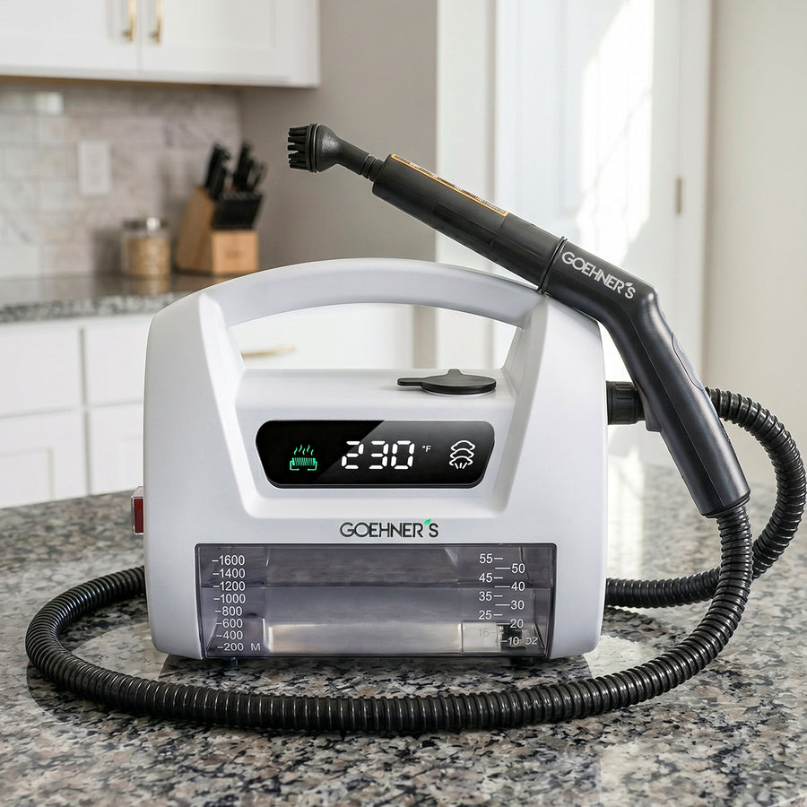 Goehner's V1 handheld steam cleaner in pearl white