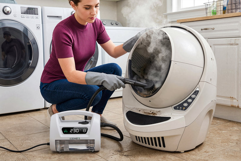 Steam-cleaning inside an automatic cat litter box with the pearl white Goehner’s