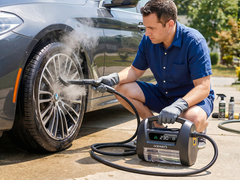 Detailing a car’s alloy wheel with the slate black Goehner’s handheld steam cleaner