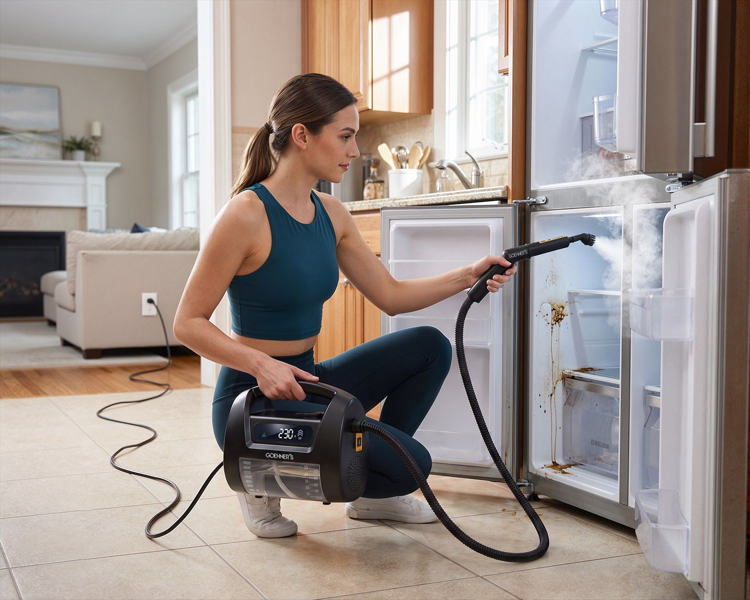 Limpiador de vapor Slate Black usando el alcance extendido de su cable y manguera para limpiar un refrigerador